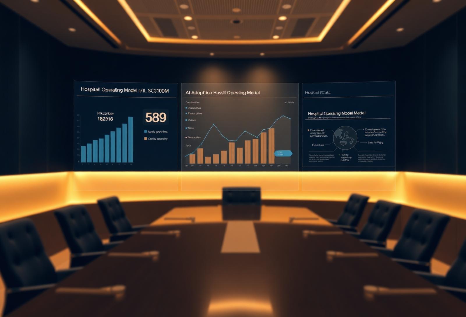 Executive boardroom with AI adoption dashboards